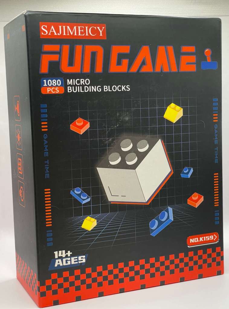 Box for the micro block fighting game arcade cabinet set. The box says Sajimeicy Fun Game Micro Building Blocks.