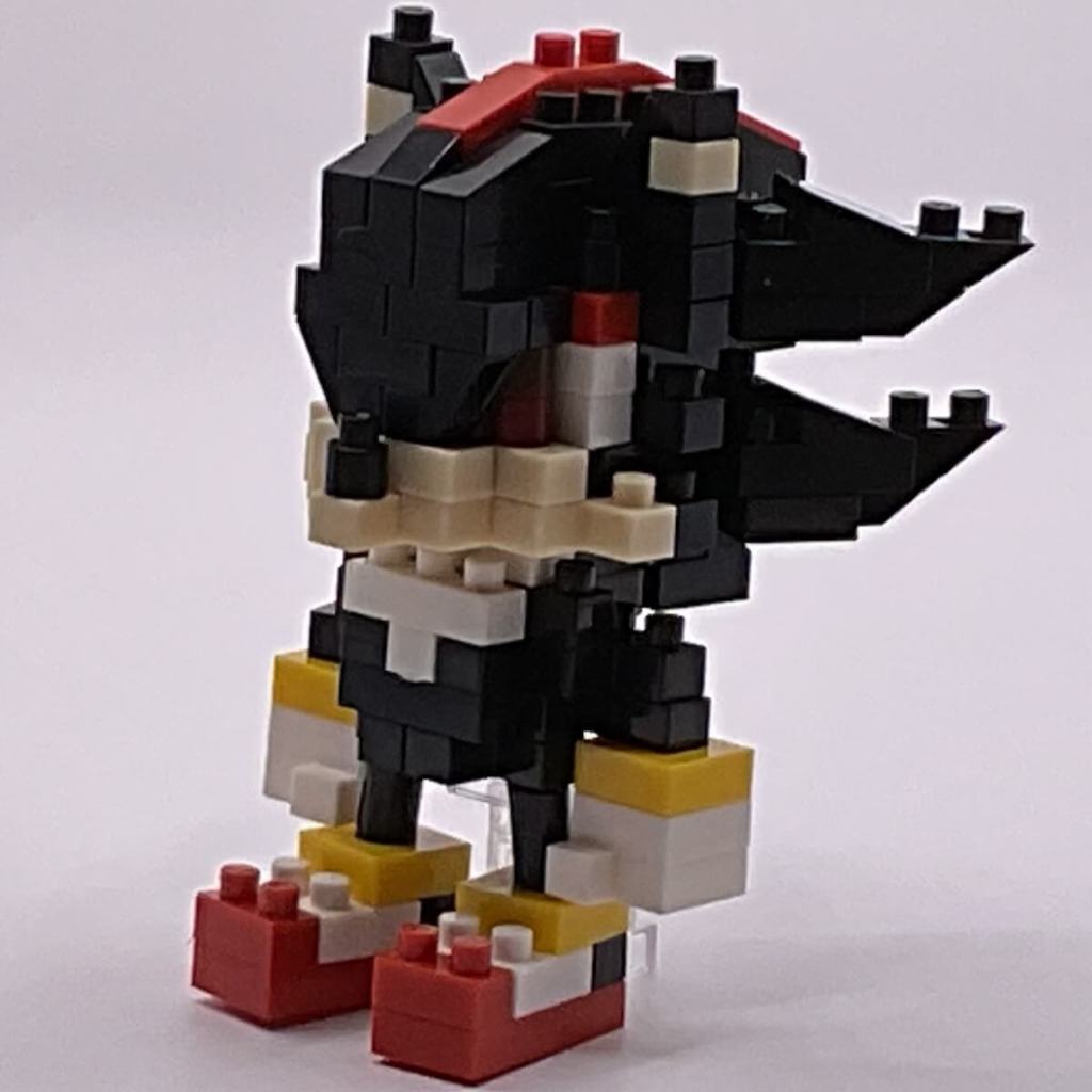 Nanoblock Shadow the Hedgehog set, completed and set against a white background.